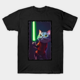 Fun Cat Print ~ AI Art ~ Fantasy Cat ~ Sci-fi Cat ~ Cats with Lightsabers T-Shirt